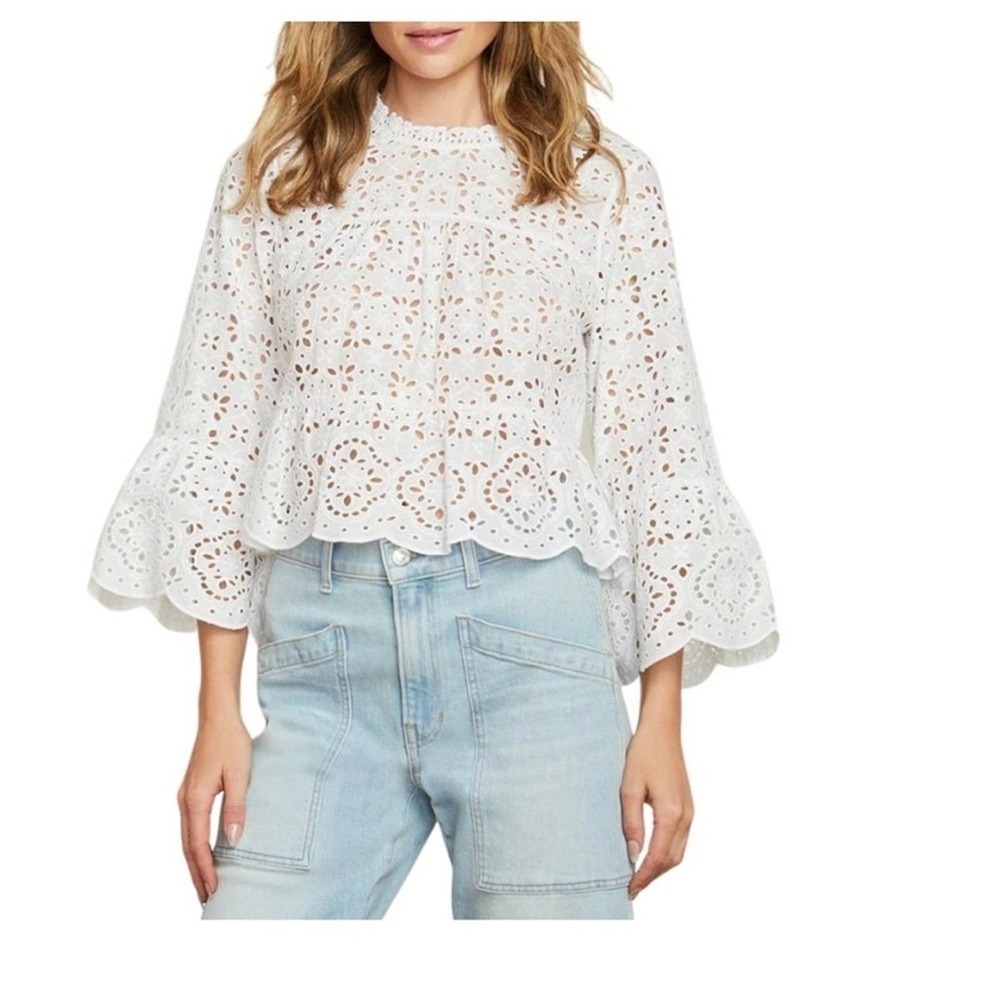 Veronica Beard Emmalyn Top White Size 14 Eyelet Lace Bell Sleeve $398 NWT